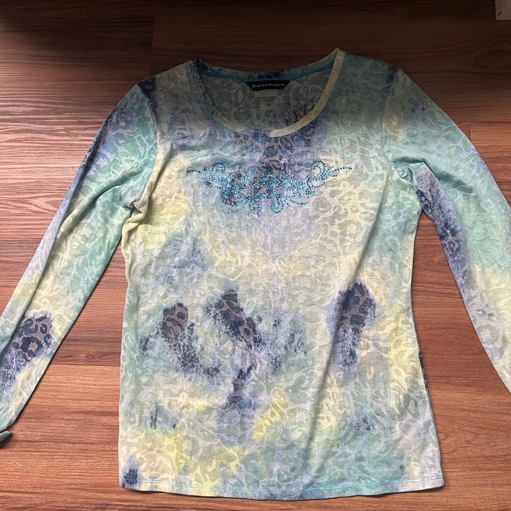 Chico's Blue and Green Long Sleeve Top Y2K beaded bedazzled details